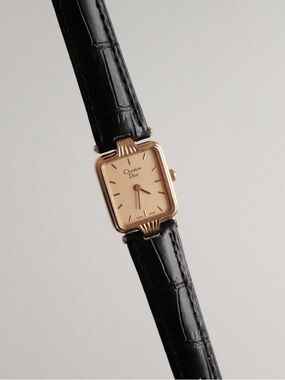 Vintage Dior Gold-Tone Rectangular Watch with Black Leather Strap